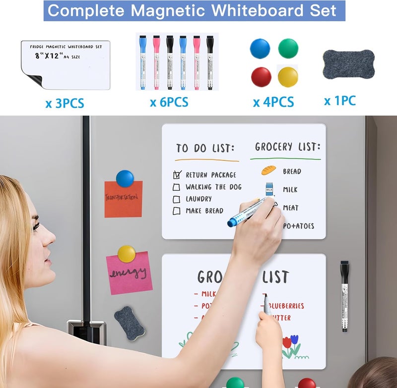 ZUXEFO Magnetic Fridge Whiteboard Set: Dry Erase White Board, Magnets (Bonus), Markers & Erasers (3-Pack, 12 X 8 Inch) - Image 2